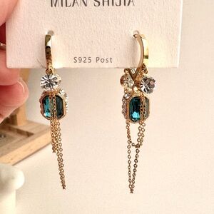 Blue Crystal Huggie Dangle Earrings Gold (Mix & Match 2 for $15)